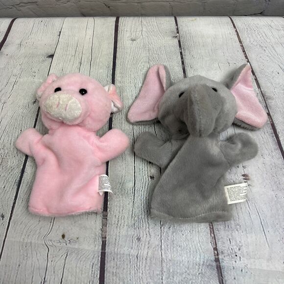 Grey‎ Elephant And Pink Pig Plush Hand Puppets Best Made Toys Lot Of 2 - Picture 1 of 10
